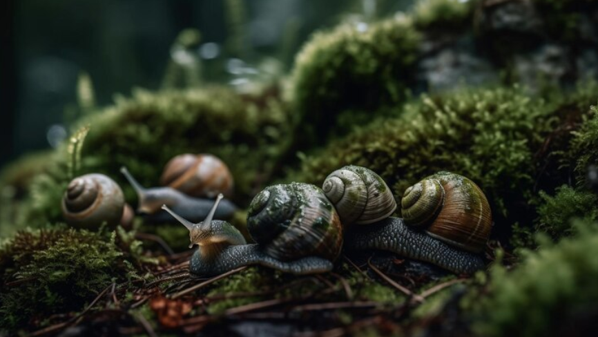 Free AI Image Slow green snail slithers on wet leaf generated by AI