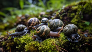 Free AI Image Snails on a mossy surface with a green background