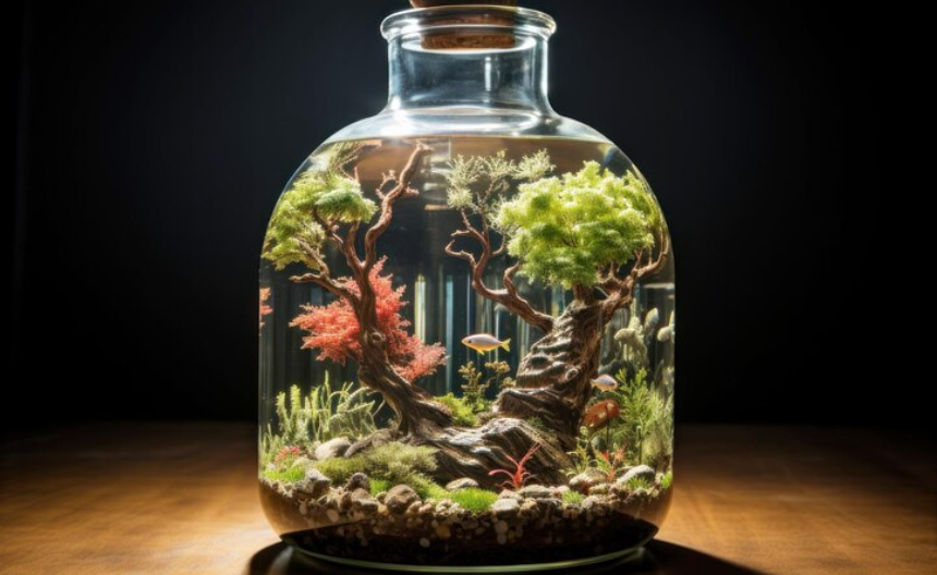 Premium AI Image Glass bottle decorated as aquarium with green plants and colorful fishes under water Marine ecosystem
