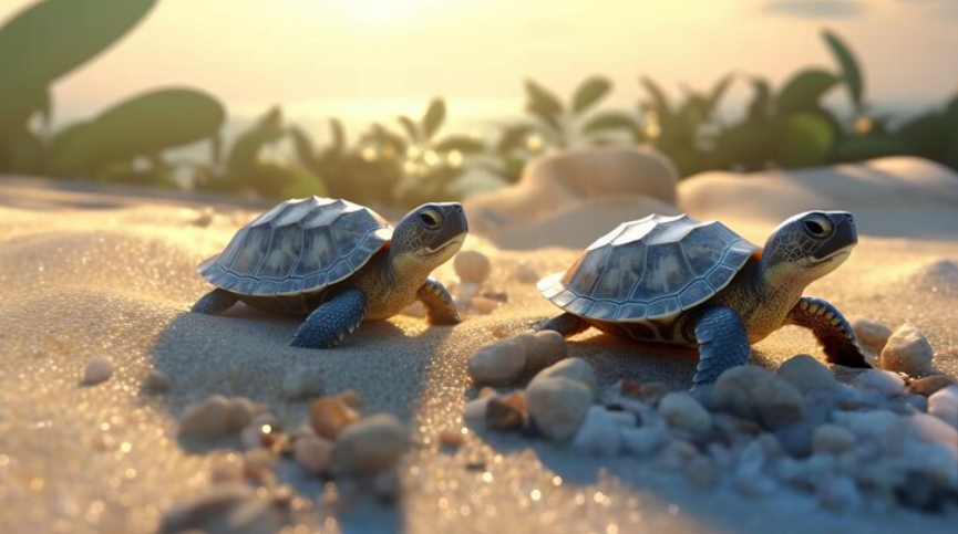 Premium AI Image Turtles hatched from eggs on the beach and crawl Generative AI