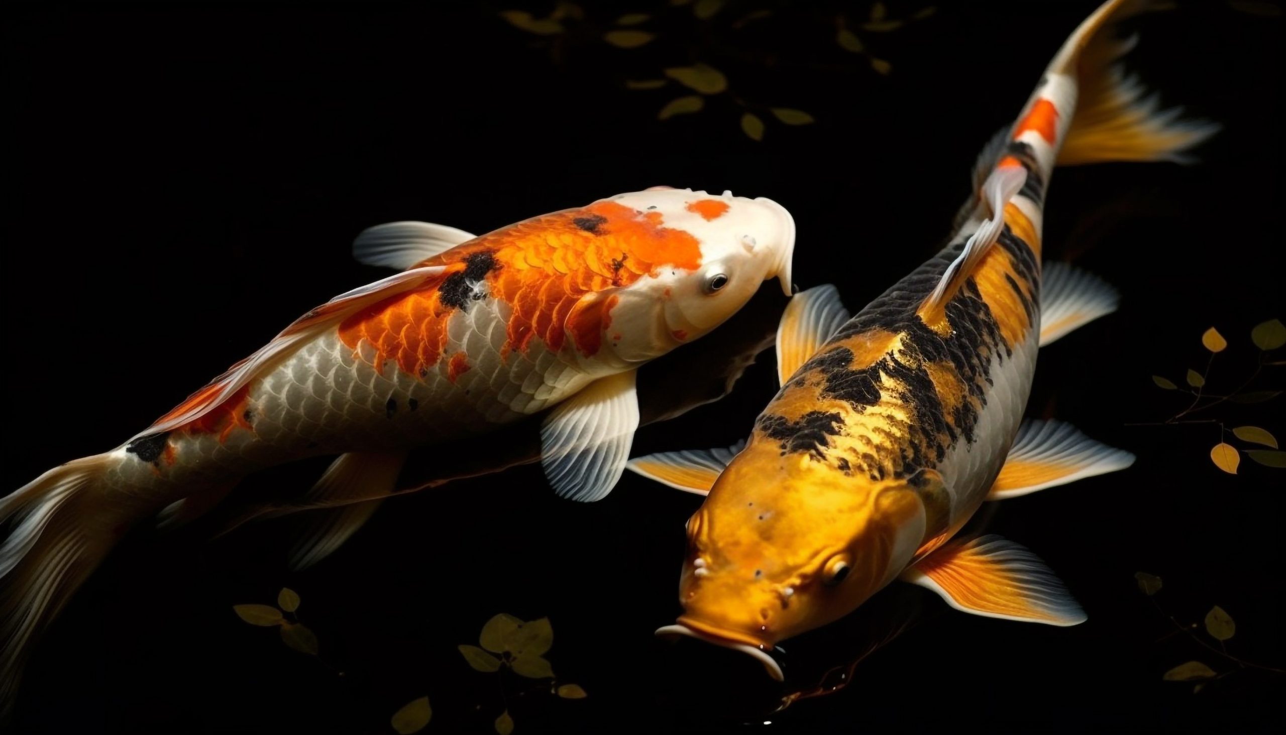Multi colored carp swim in tranquil pond generated by AI
