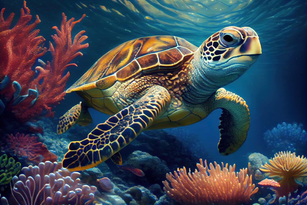Sea Turtle Under Water Natural Sea Life With Corals (4)